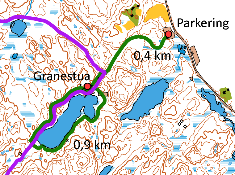 Skiløypa rundt Kalstadtjenna, samt løypa fra parkering og inn til Granestua, er marker med grønt på kartet over.